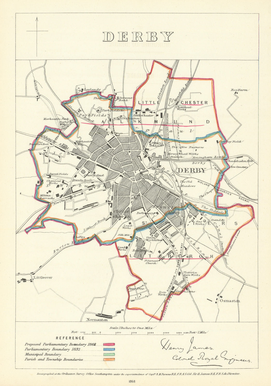 Derby, Derbyshire. JAMES. Parliamentary Boundary Commission 1868 old map